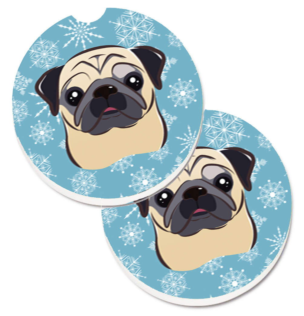 Snowflake Fawn Pug Set of 2 Cup Holder Car Coaster
