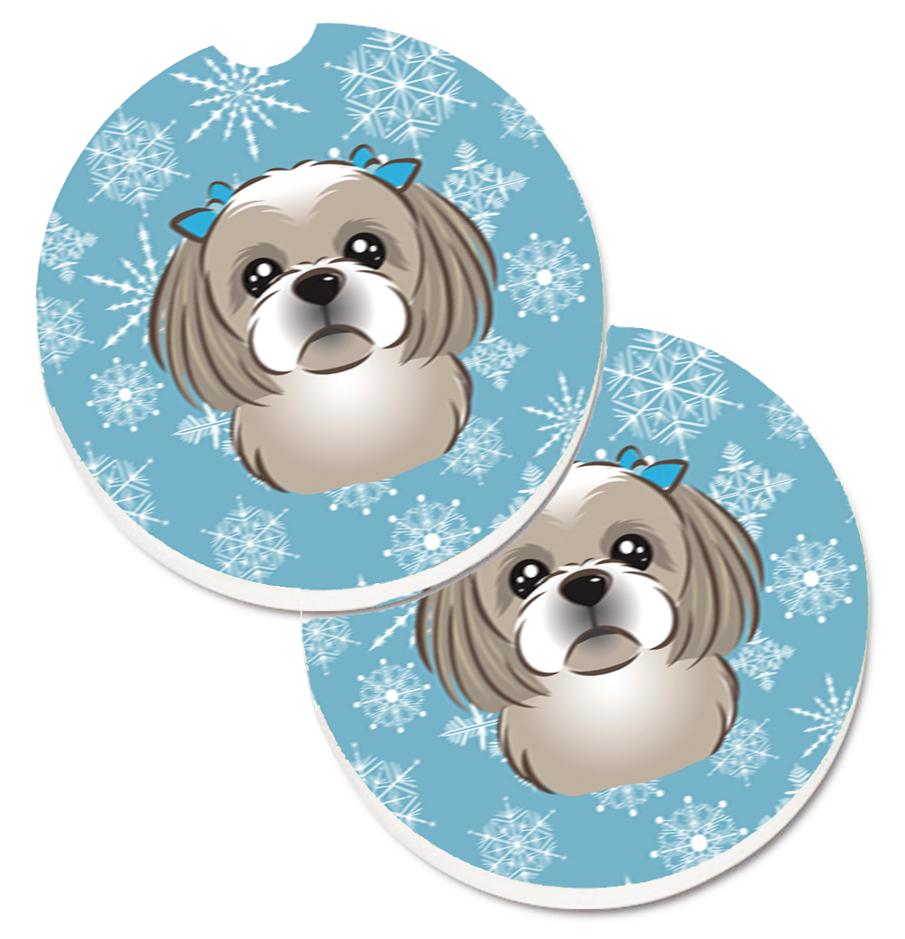 BB1684CARC Snowflake Grey & Silver Shih Tzu Set of 2 Cup Holder Car Coaster