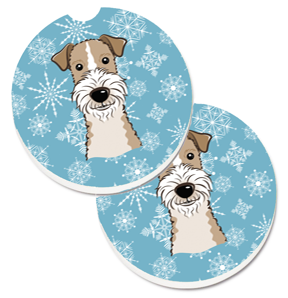Snowflake Wire Haired Fox Terrier Set of 2 Cup Holder Car Coaster