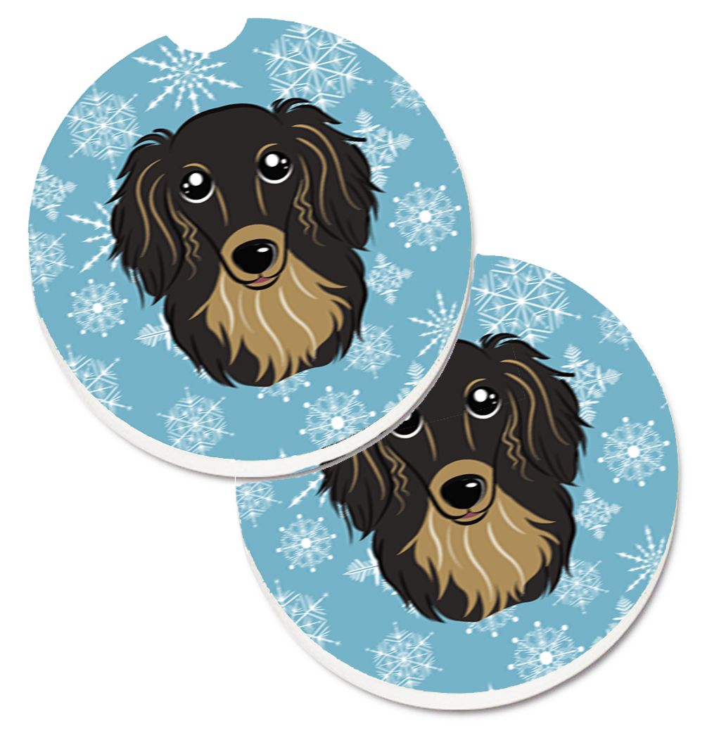 BB1647CARC Snowflake Longhair Black & Tan Dachshund Set of 2 Cup Holder Car Coaster