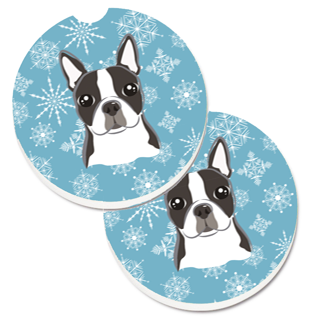 Snowflake Boston Terrier Set of 2 Cup Holder Car Coaster