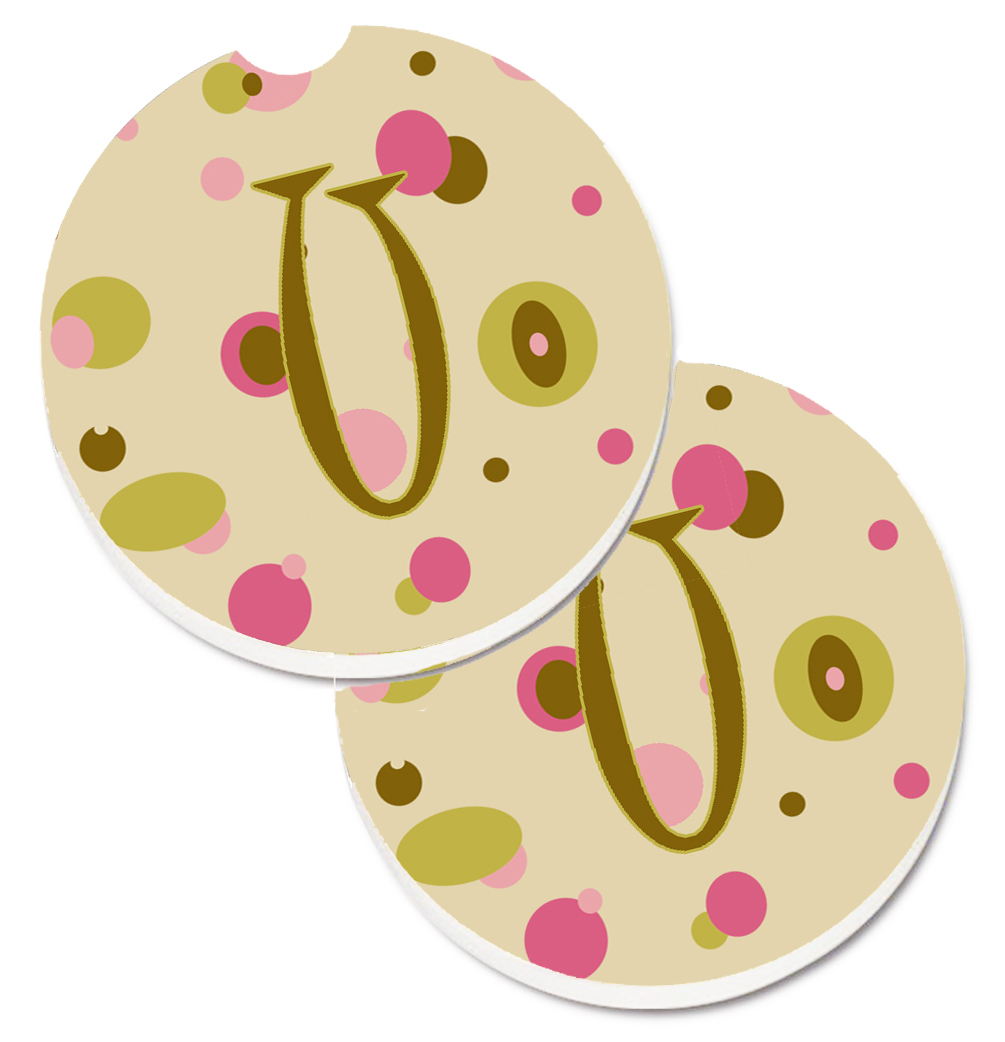CJ1004-UCARC Letter U Initial Monogram Tan Dots Set of 2 Cup Holder Car Coaster