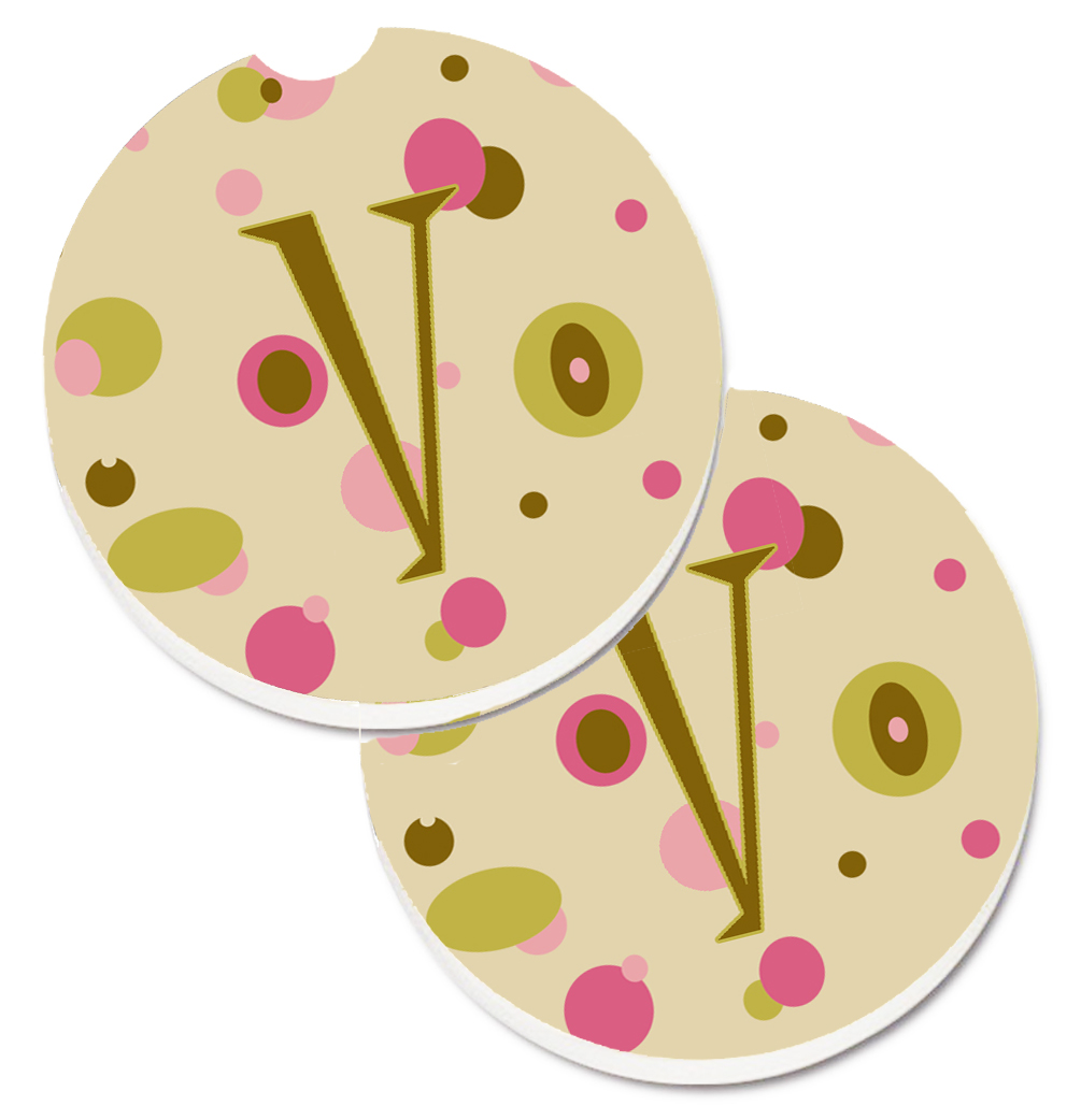 Letter V Initial Monogram Tan Dots Set of 2 Cup Holder Car Coaster