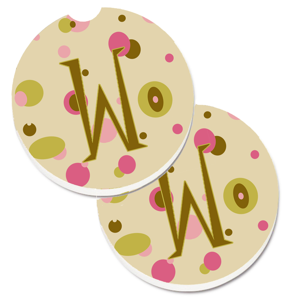 Letter W Initial Monogram Tan Dots Set of 2 Cup Holder Car Coaster