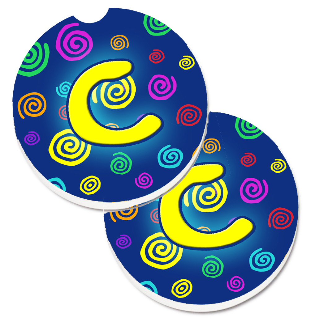 CJ1011-CCARC Letter C Initial Monogram Blue Swirls Set of 2 Cup Holder Car Coaster