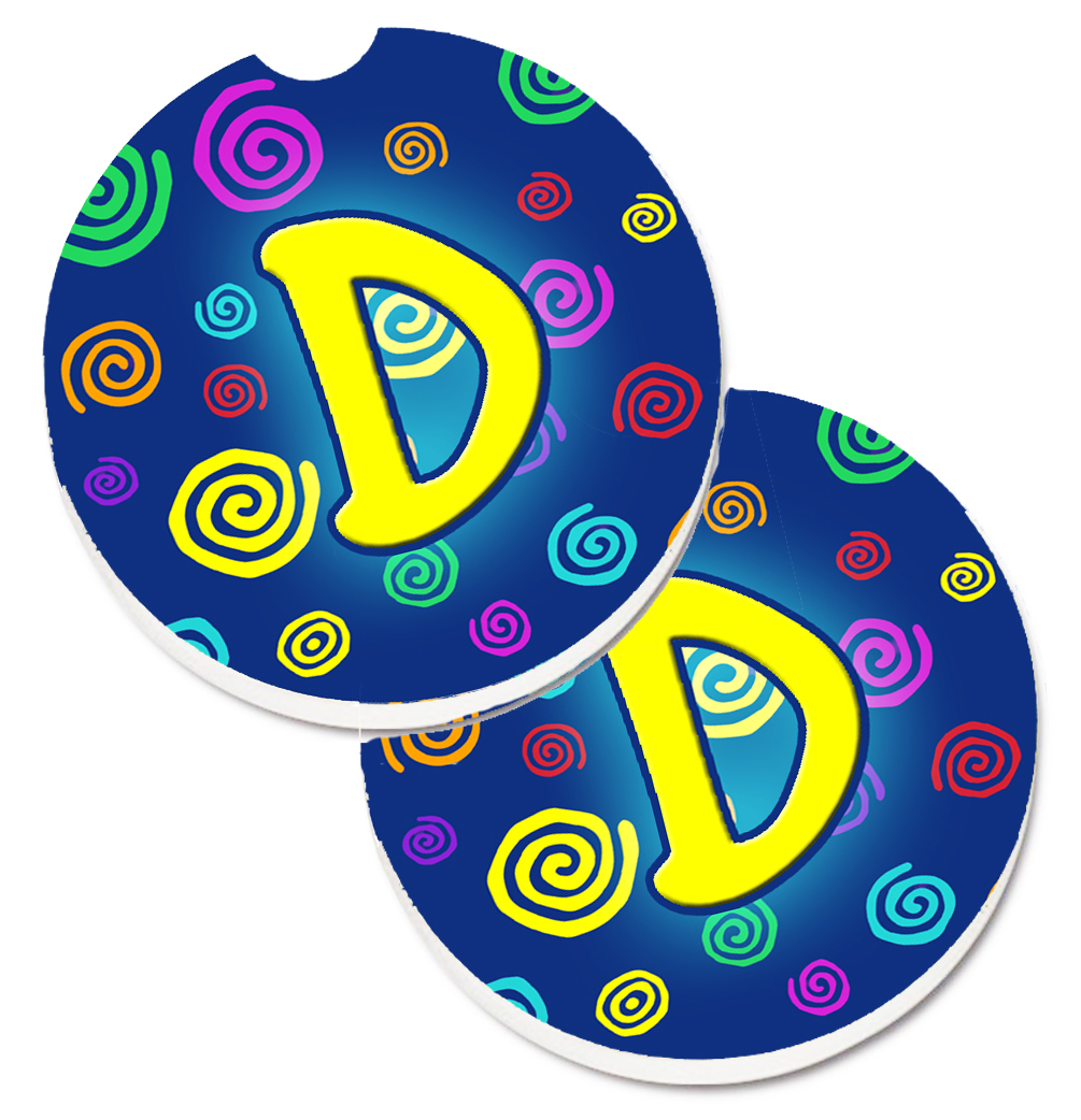 Letter D Initial Monogram Blue Swirls Set of 2 Cup Holder Car Coaster