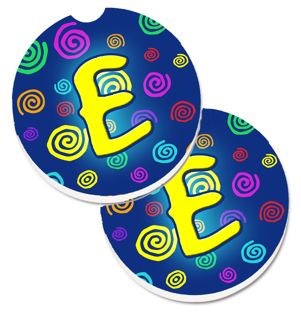CJ1011-ECARC Letter E Initial Monogram Blue Swirls Set of 2 Cup Holder Car Coaster