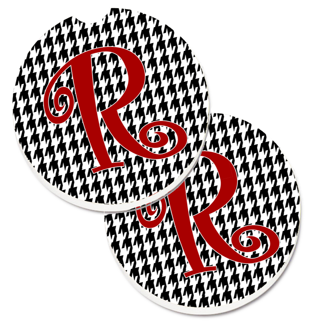 CJ1035-RCARC Monogram Initial R Houndstooth Black Set of 2 Cup Holder Car Coaster