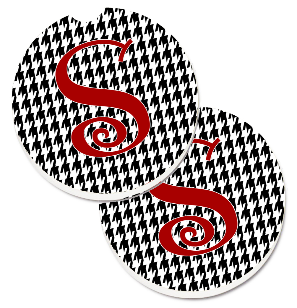 CJ1035-SCARC Monogram Initial S Houndstooth Black Set of 2 Cup Holder Car Coaster