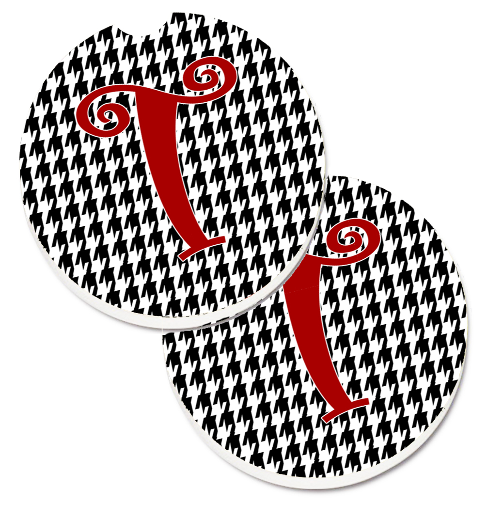 CJ1035-TCARC Monogram Initial T Houndstooth Black Set of 2 Cup Holder Car Coaster