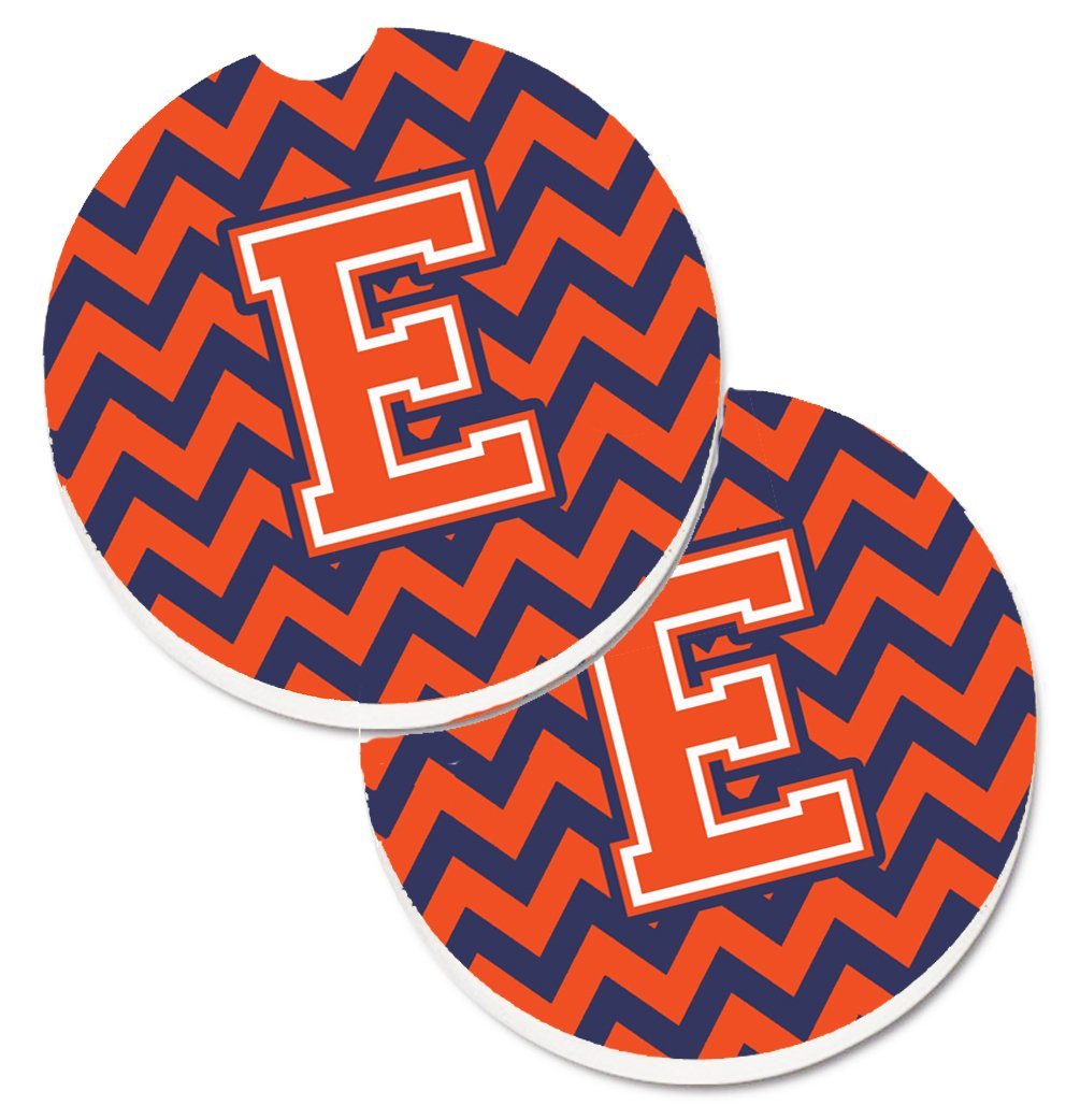 Letter E Chevron Orange & Blue Set of 2 Cup Holder Car Coaster