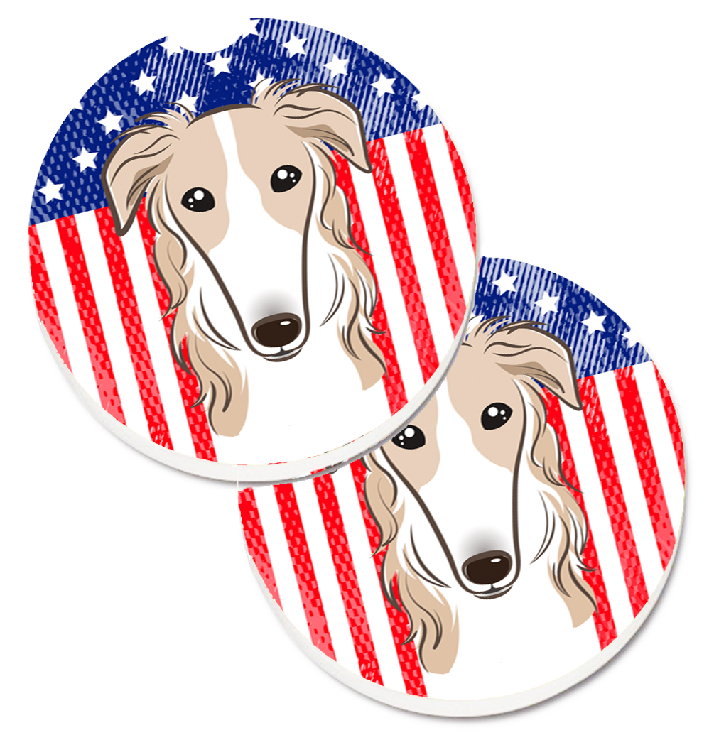 BB2158CARC American Flag & Borzoi Set of 2 Cup Holder Car Coaster