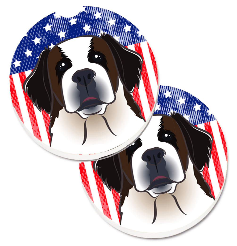 BB2176CARC American Flag & Saint Bernard Set of 2 Cup Holder Car Coaster