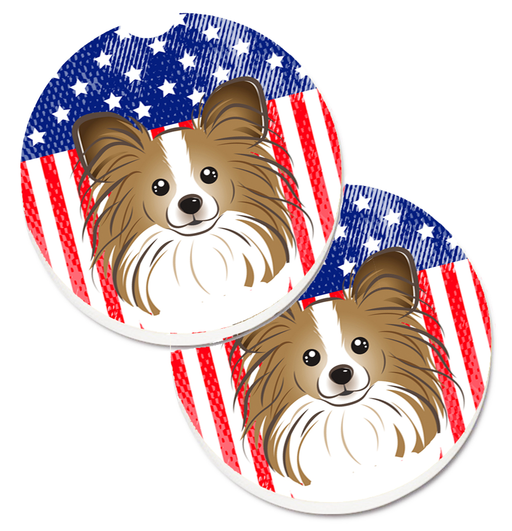 BB2178CARC American Flag & Papillon Set of 2 Cup Holder Car Coaster