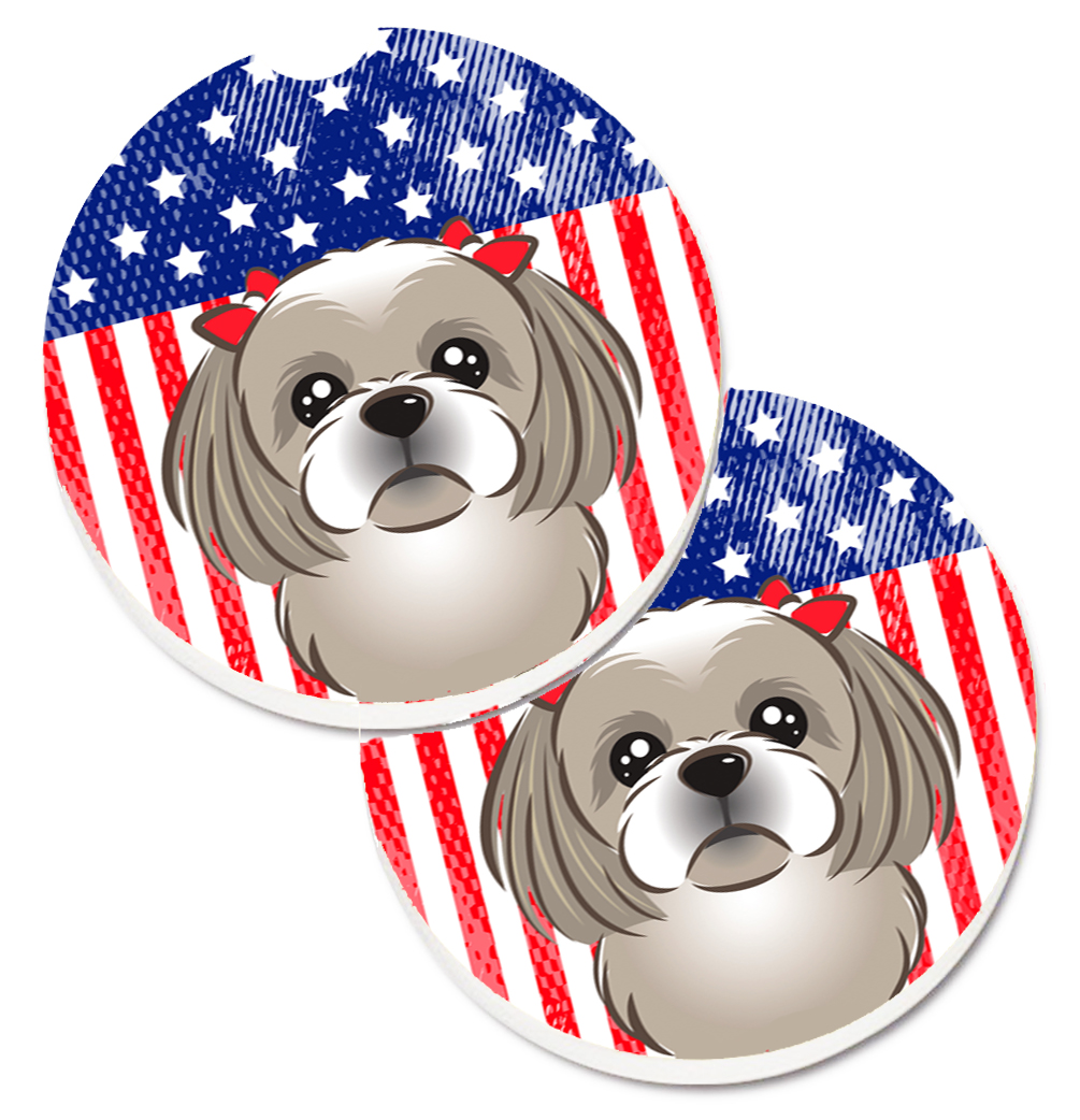 American Flag & Grey Silver Shih Tzu Set of 2 Cup Holder Car Coaster