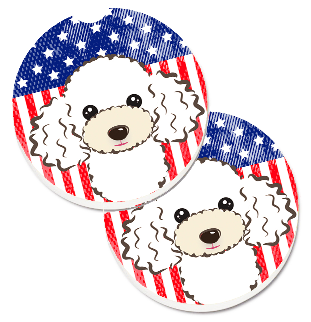 American Flag & White Poodle Set of 2 Cup Holder Car Coaster