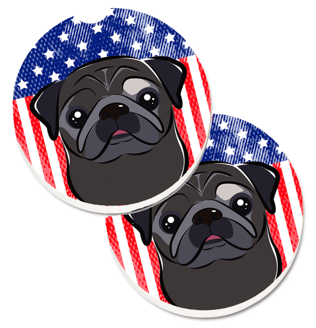 BB2193CARC American Flag & Black Pug Set of 2 Cup Holder Car Coaster