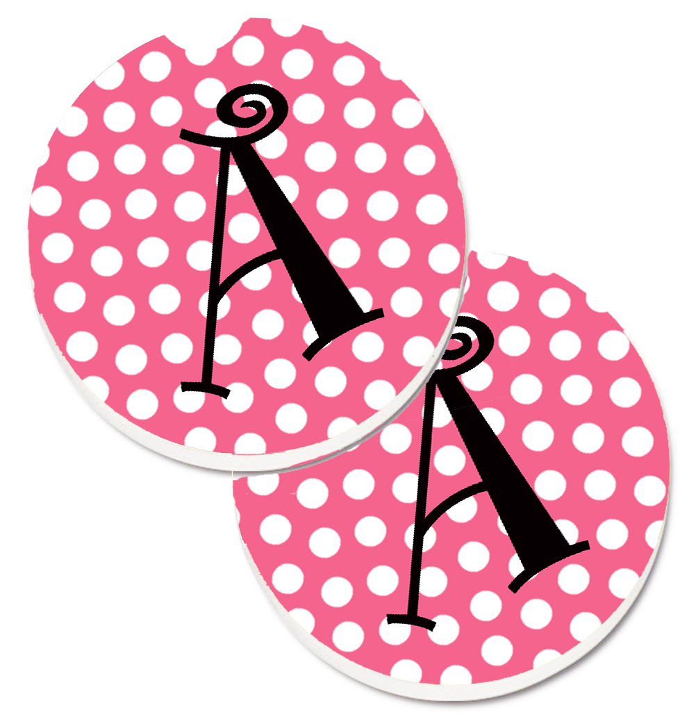 Letter A Monogram Pink & Black Polka Dots Set of 2 Cup Holder Car Coaster
