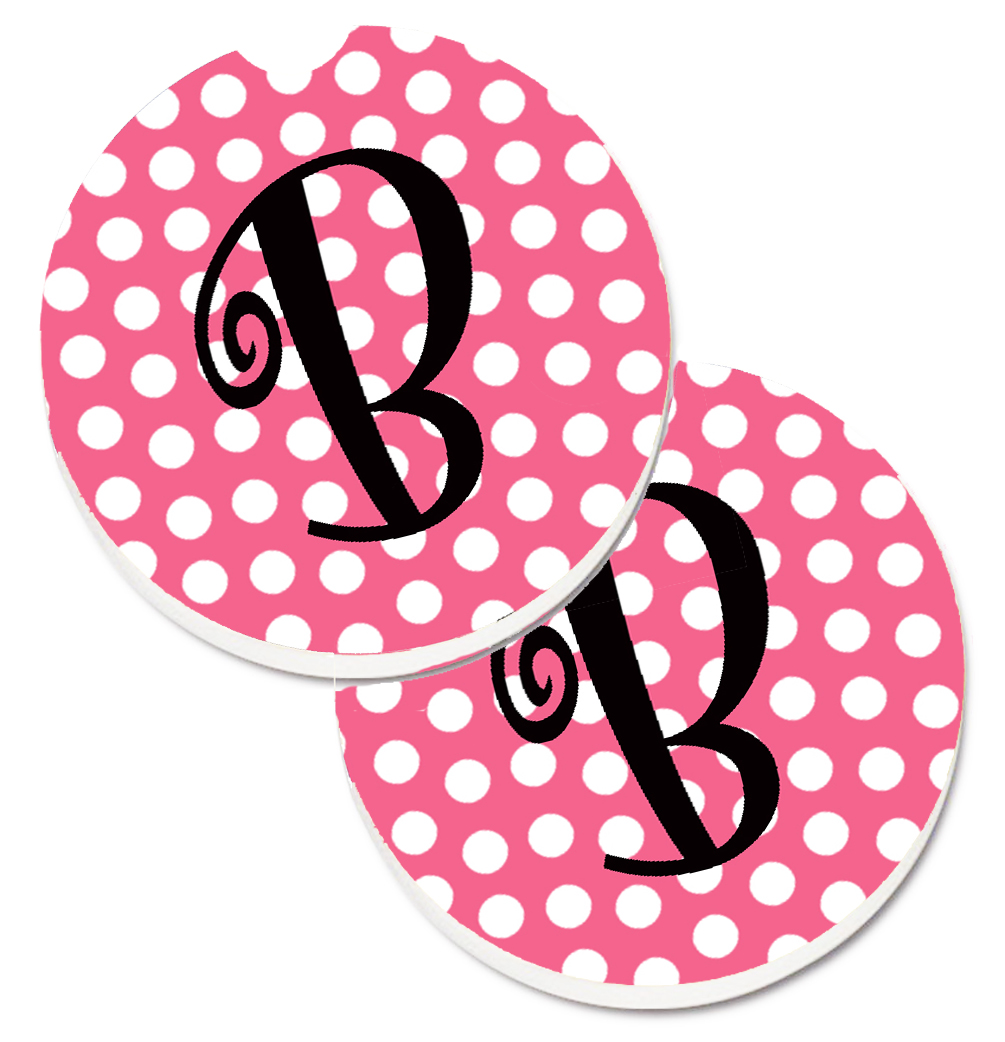 Letter B Monogram Pink & Black Polka Dots Set of 2 Cup Holder Car Coaster