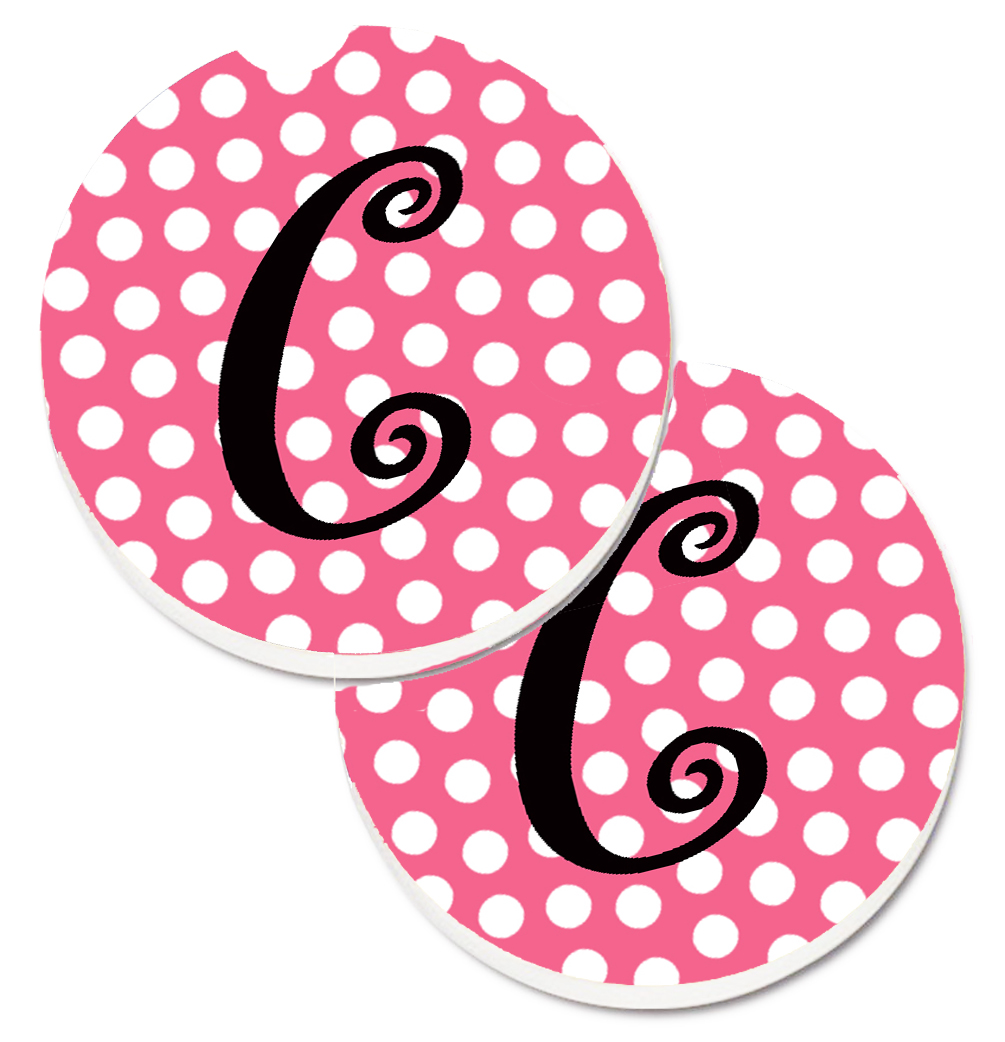 CJ1001-CCARC Letter C Monogram Pink & Black Polka Dots Set of 2 Cup Holder Car Coaster