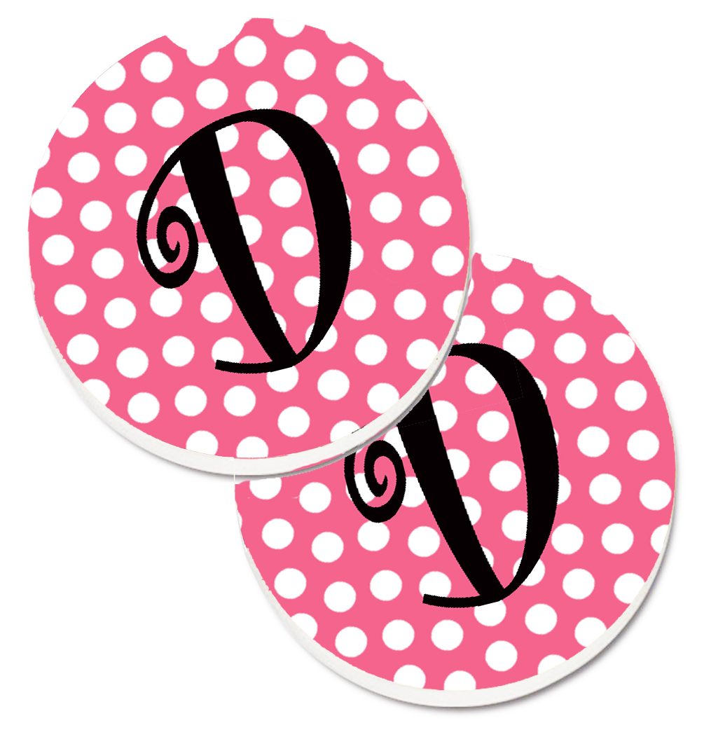 CJ1001-DCARC Letter D Monogram Pink & Black Polka Dots Set of 2 Cup Holder Car Coaster