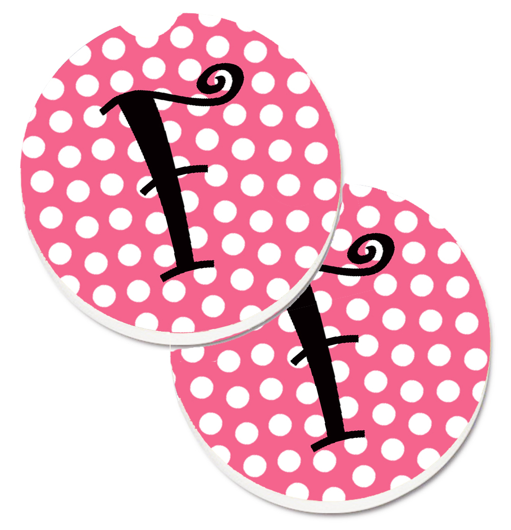 CJ1001-FCARC Letter F Monogram Pink & Black Polka Dots Set of 2 Cup Holder Car Coaster