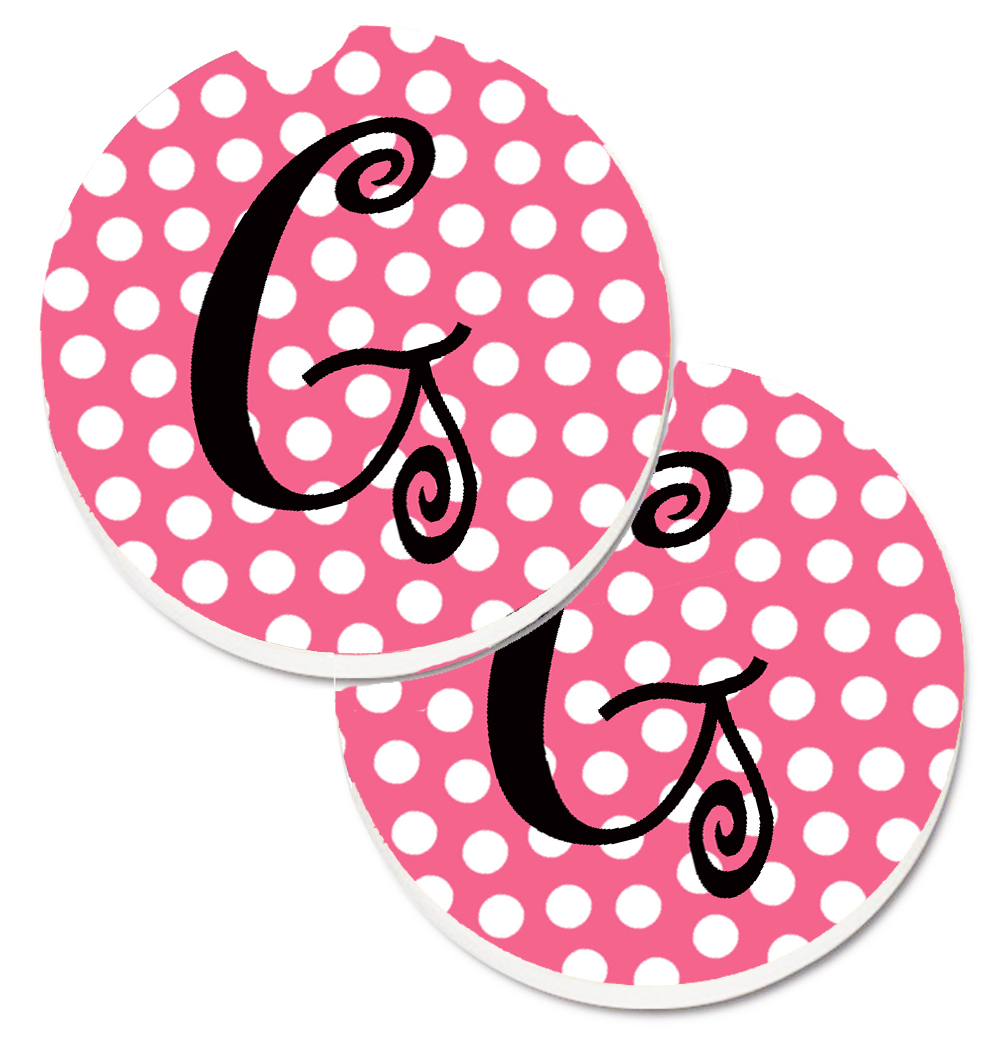 CJ1001-GCARC Letter G Monogram Pink & Black Polka Dots Set of 2 Cup Holder Car Coaster