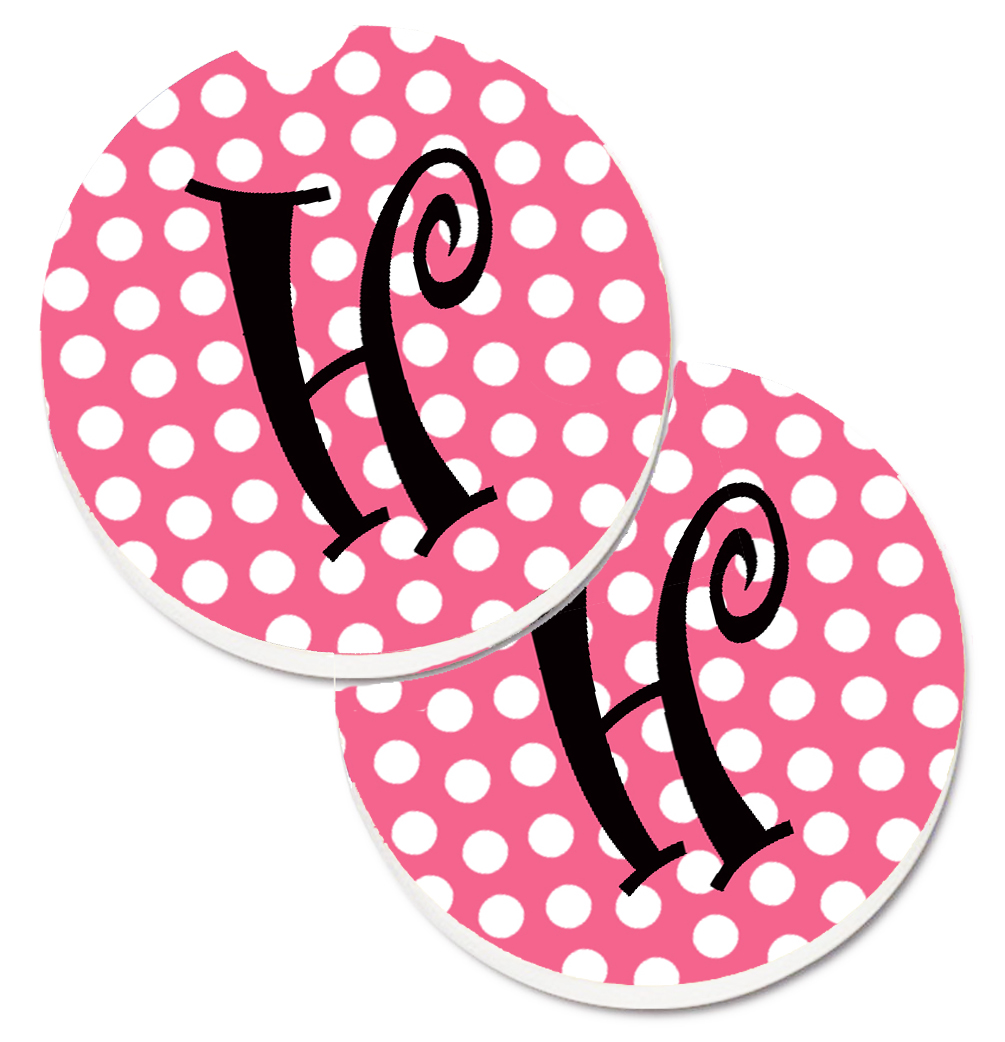 CJ1001-HCARC Letter H Monogram Pink & Black Polka Dots Set of 2 Cup Holder Car Coaster