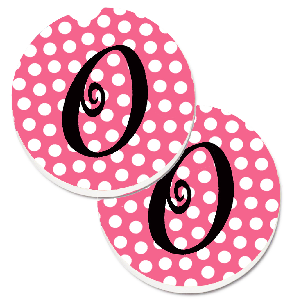 CJ1001-OCARC Letter O Monogram Pink & Black Polka Dots Set of 2 Cup Holder Car Coaster