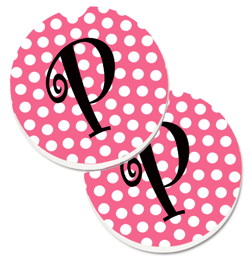 CJ1001-PCARC Letter P Monogram Pink & Black Polka Dots Set of 2 Cup Holder Car Coaster