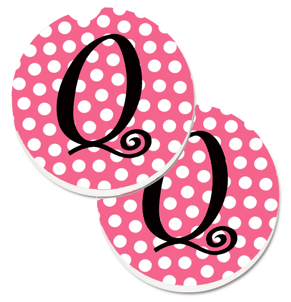 CJ1001-QCARC Letter Q Monogram Pink & Black Polka Dots Set of 2 Cup Holder Car Coaster