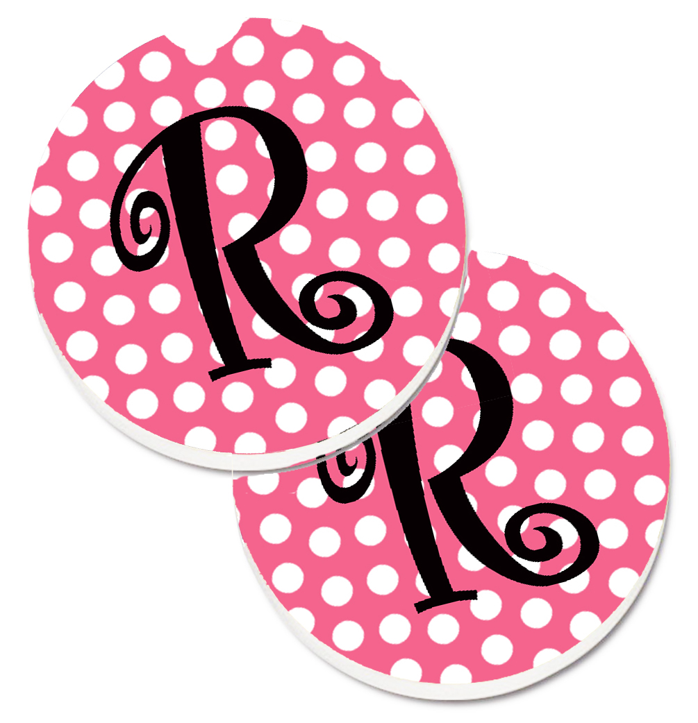 CJ1001-RCARC Letter R Monogram Pink & Black Polka Dots Set of 2 Cup Holder Car Coaster