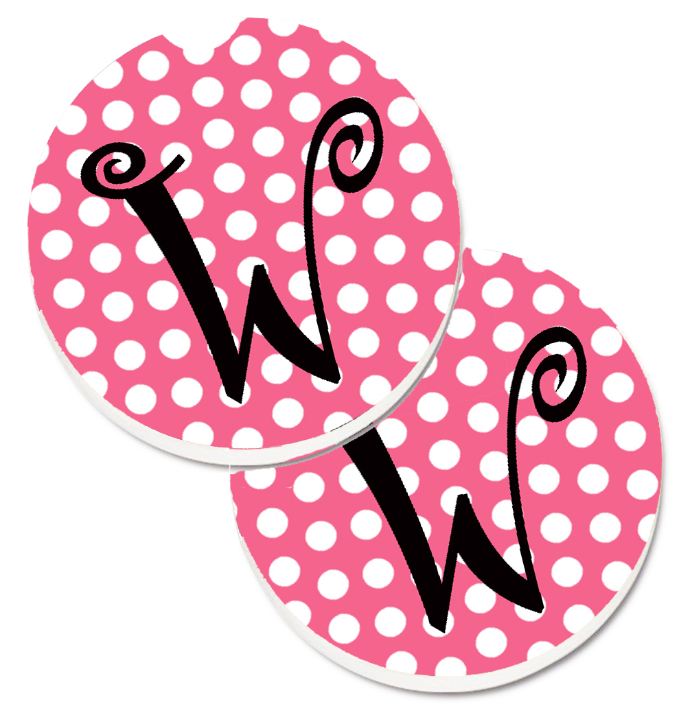 CJ1001-WCARC Letter W Monogram Pink & Black Polka Dots Set of 2 Cup Holder Car Coaster