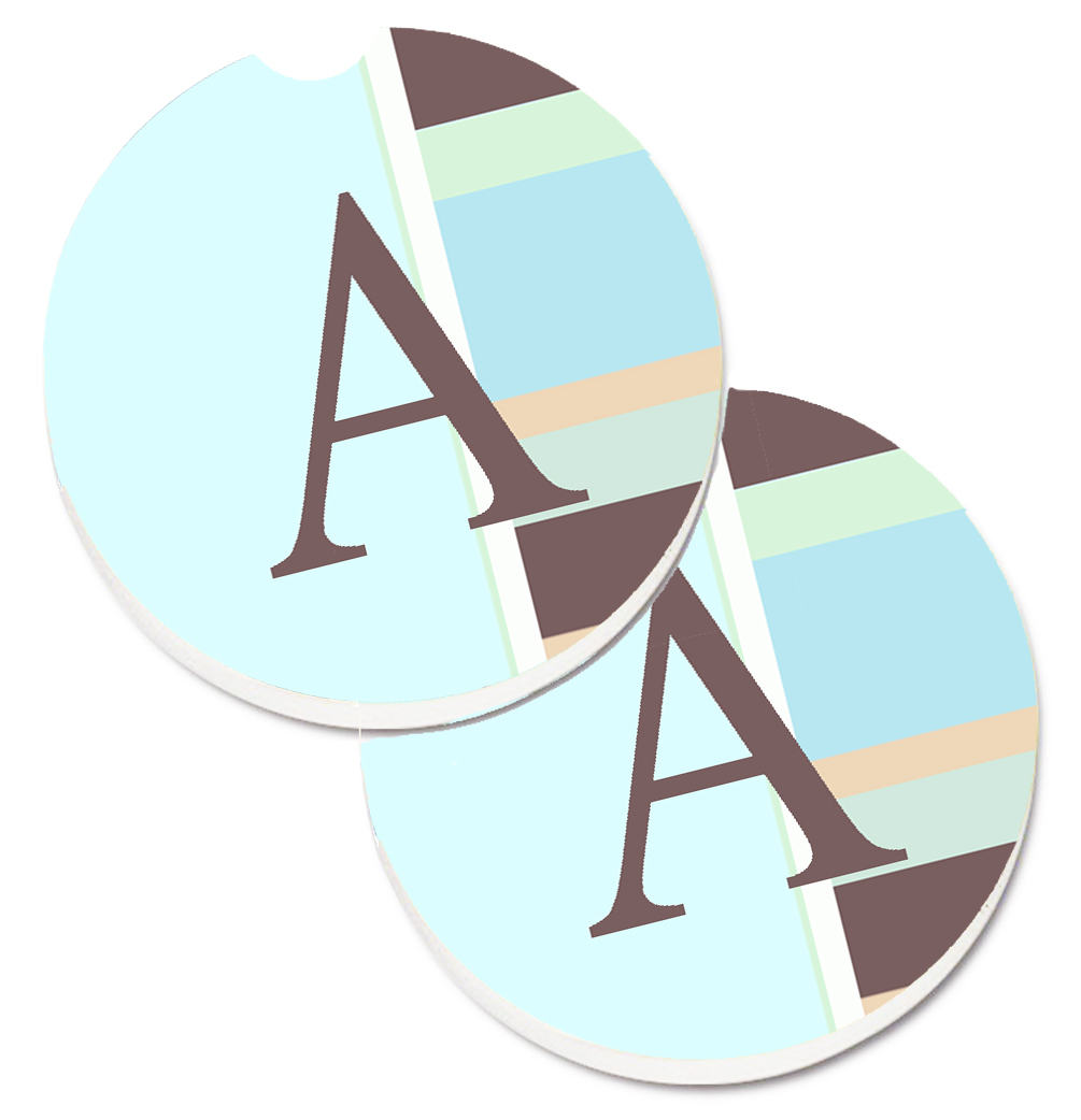 CJ1003-ACARC Letter A Monogram Blue Stripes Set of 2 Cup Holder Car Coaster