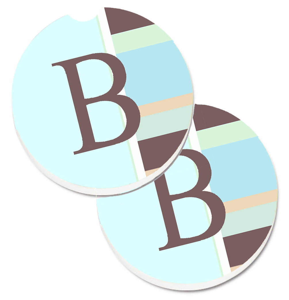CJ1003-BCARC Letter B Initial Monogram Blue Stripes Set of 2 Cup Holder Car Coaster
