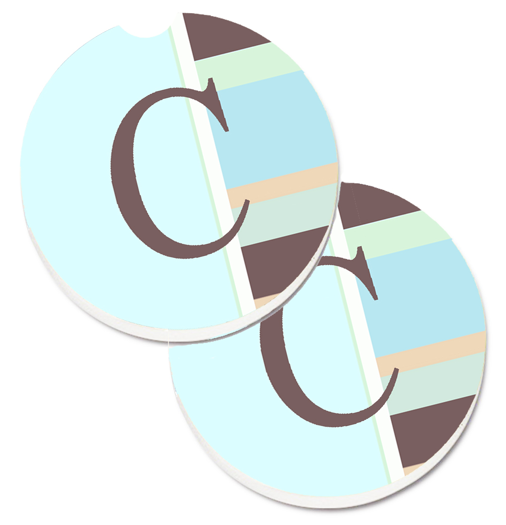 CJ1003-CCARC Letter C Initial Monogram Blue Stripes Set of 2 Cup Holder Car Coaster
