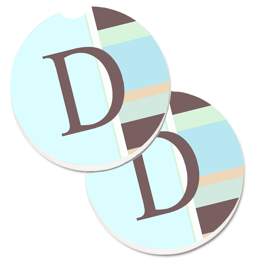 CJ1003-DCARC Letter D Initial Monogram Blue Stripes Set of 2 Cup Holder Car Coaster