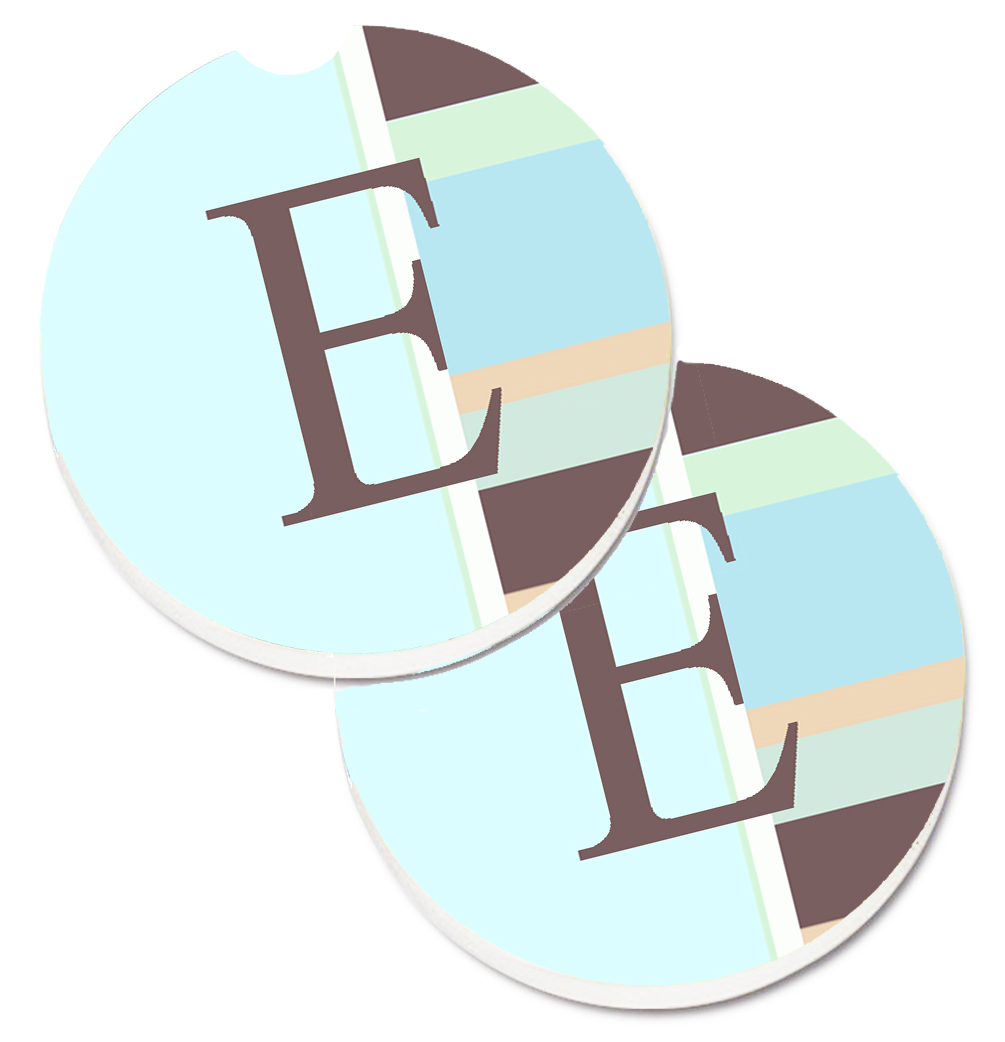 CJ1003-ECARC Letter E Initial Monogram Blue Stripes Set of 2 Cup Holder Car Coaster