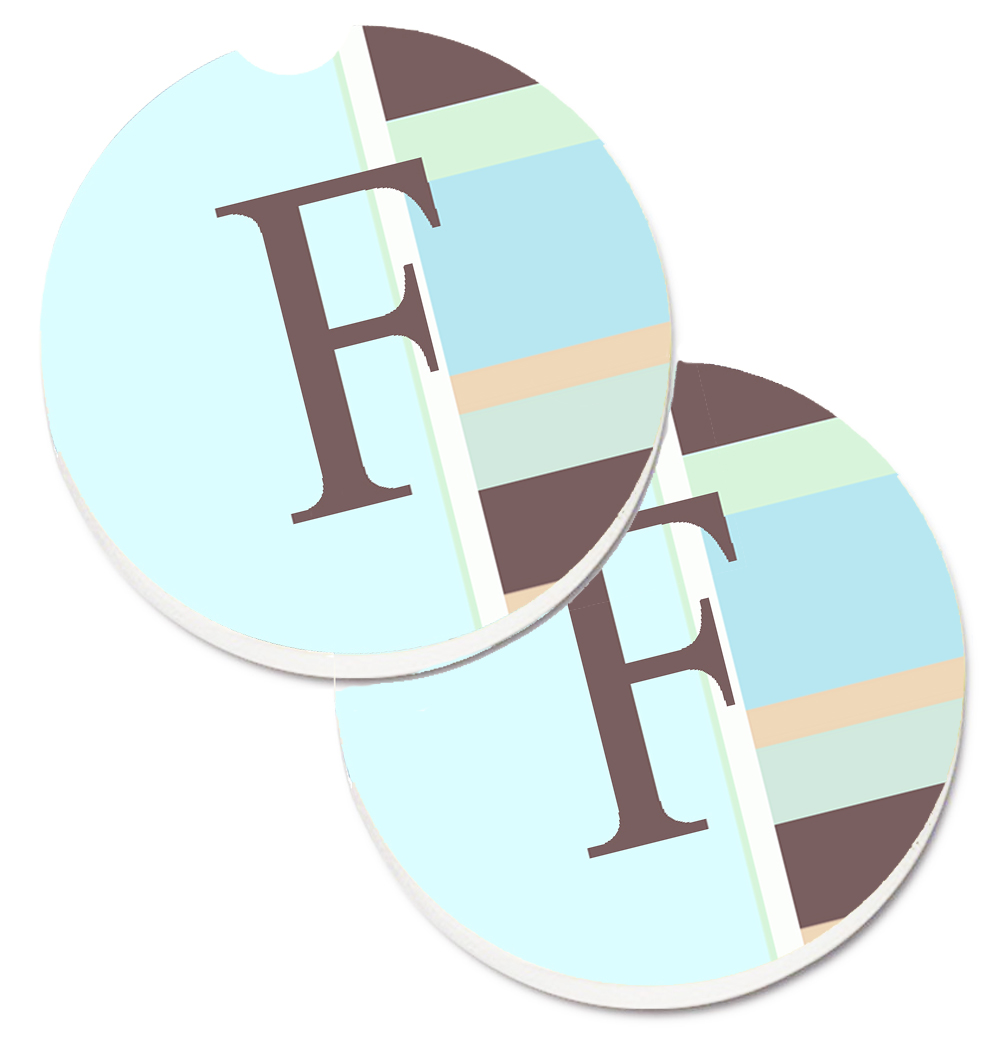 Letter F Initial Monogram Blue Stripes Set of 2 Cup Holder Car Coaster - Blue - 2.5in. H x 0.25in. W x 2.5in. L