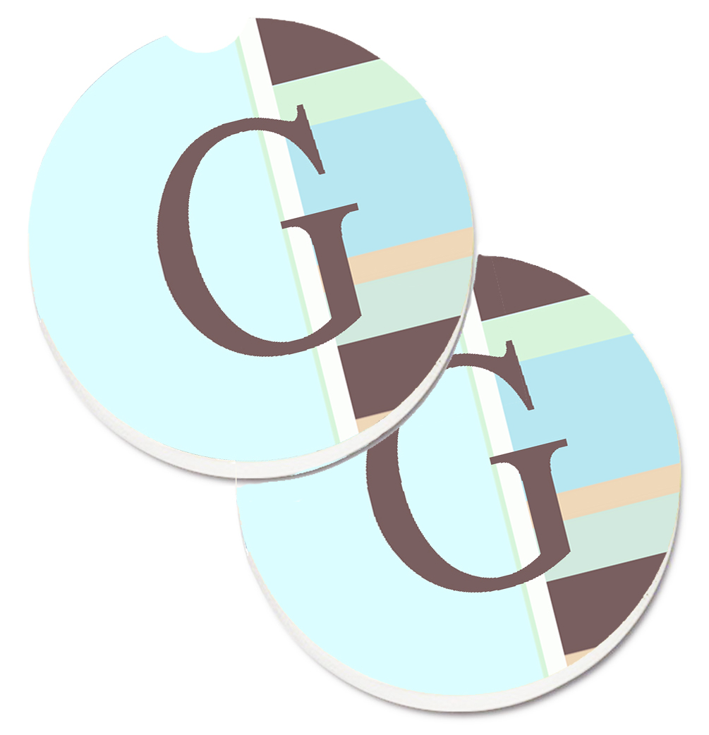 Letter G Initial Monogram Blue Stripes Set of 2 Cup Holder Car Coaster