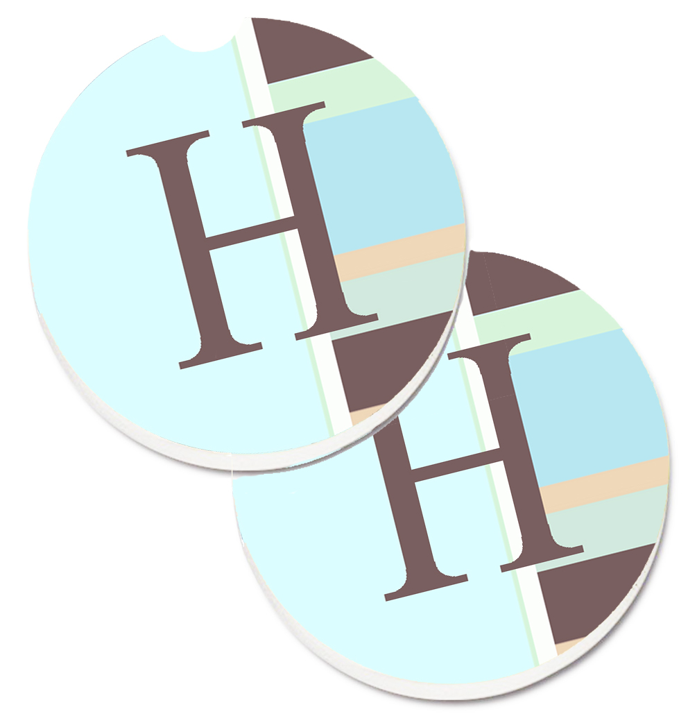 Letter H Initial Monogram Blue Stripes Set of 2 Cup Holder Car Coaster
