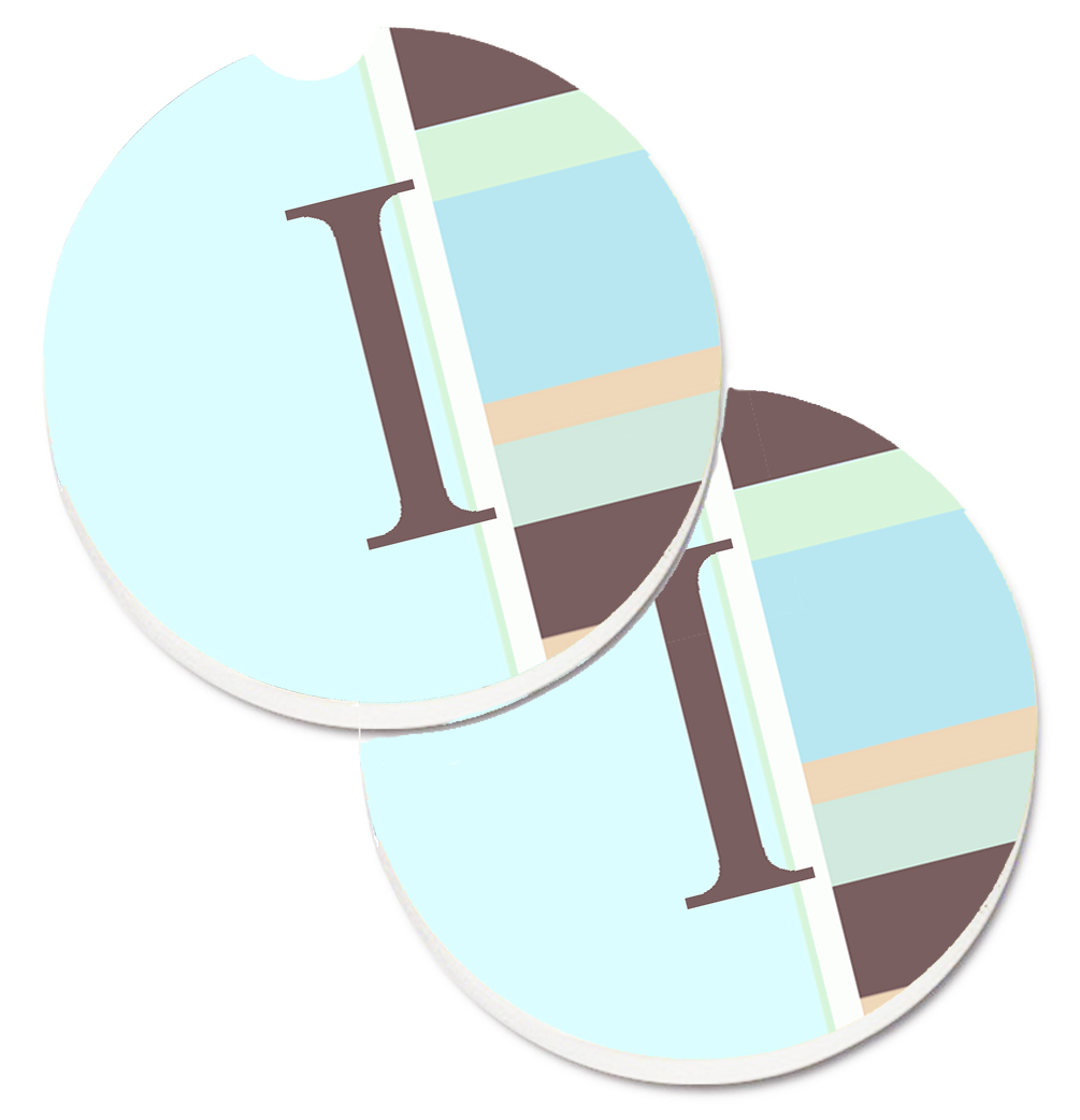 Letter I Initial Monogram Blue Stripes Set of 2 Cup Holder Car Coaster