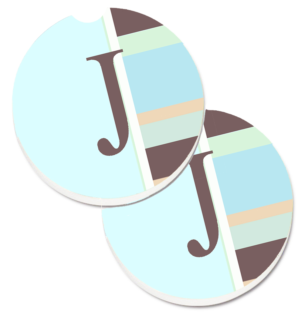 CJ1003-JCARC Letter J Initial Monogram Blue Stripes Set of 2 Cup Holder Car Coaster