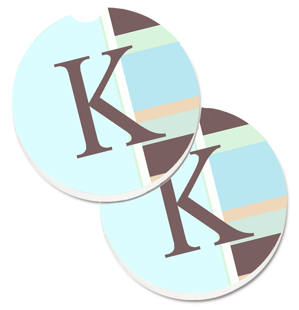 Letter K Initial Monogram Blue Stripes Set of 2 Cup Holder Car Coaster
