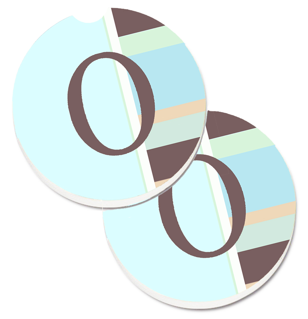 Letter O Initial Monogram Blue Stripes Set of 2 Cup Holder Car Coaster
