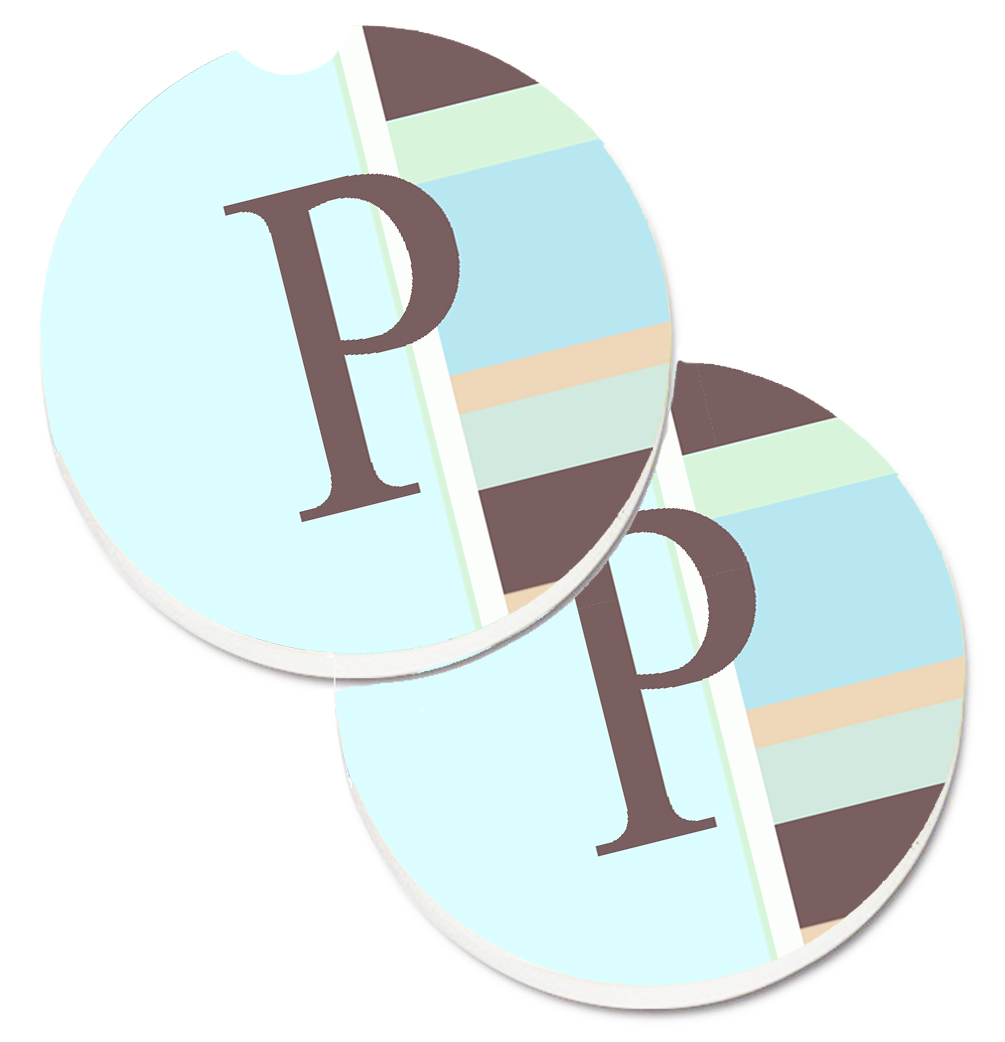 CJ1003-PCARC Letter P Initial Monogram Blue Stripes Set of 2 Cup Holder Car Coaster