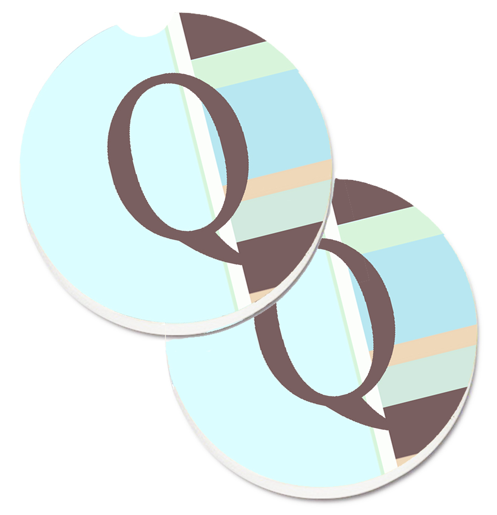 CJ1003-QCARC Letter Q Initial Monogram Blue Stripes Set of 2 Cup Holder Car Coaster