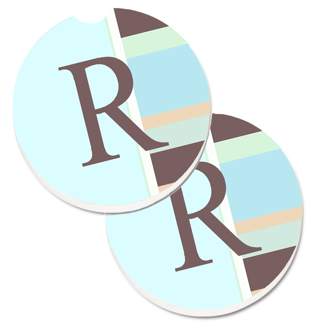 CJ1003-RCARC Letter R Initial Monogram Blue Stripes Set of 2 Cup Holder Car Coaster