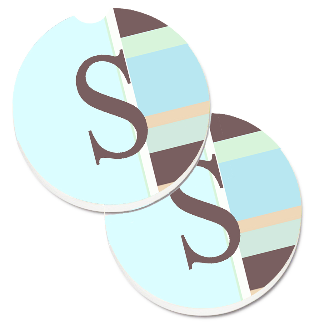 Letter S Initial Monogram Blue Stripes Set of 2 Cup Holder Car Coaster