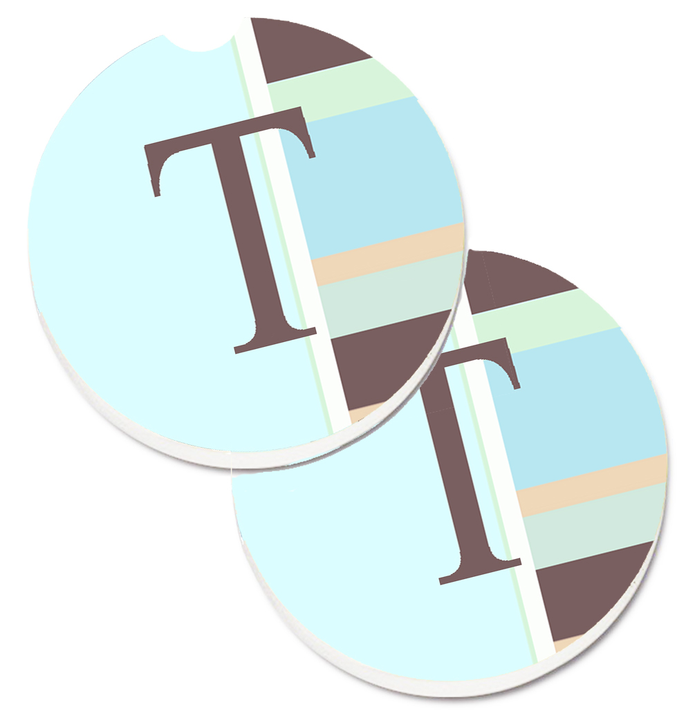 CJ1003-TCARC Letter T Initial Monogram Blue Stripes Set of 2 Cup Holder Car Coaster